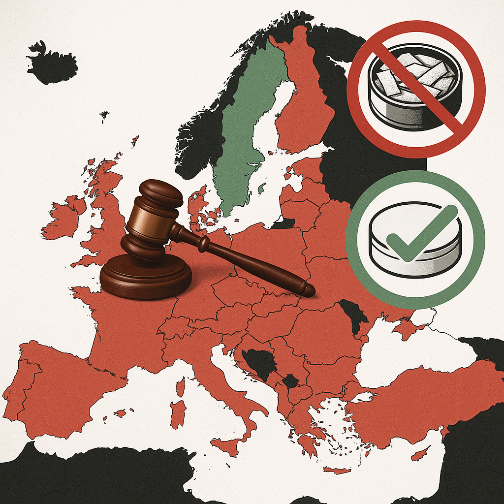 A map of Europe visually representing the eu snus ban explained, differentiating the legal status of snus and nicotine pouches.