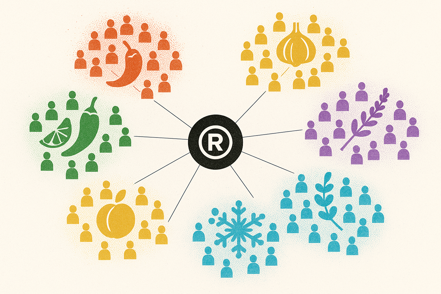 A conceptual graph illustrating a brand connecting with various digital tribes through unique flavor identities.