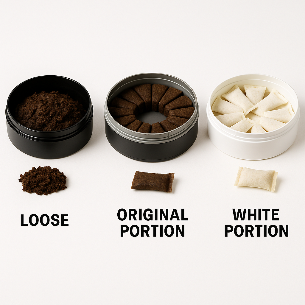 A comparison of loose, original portion, and white portion Swedish snus.