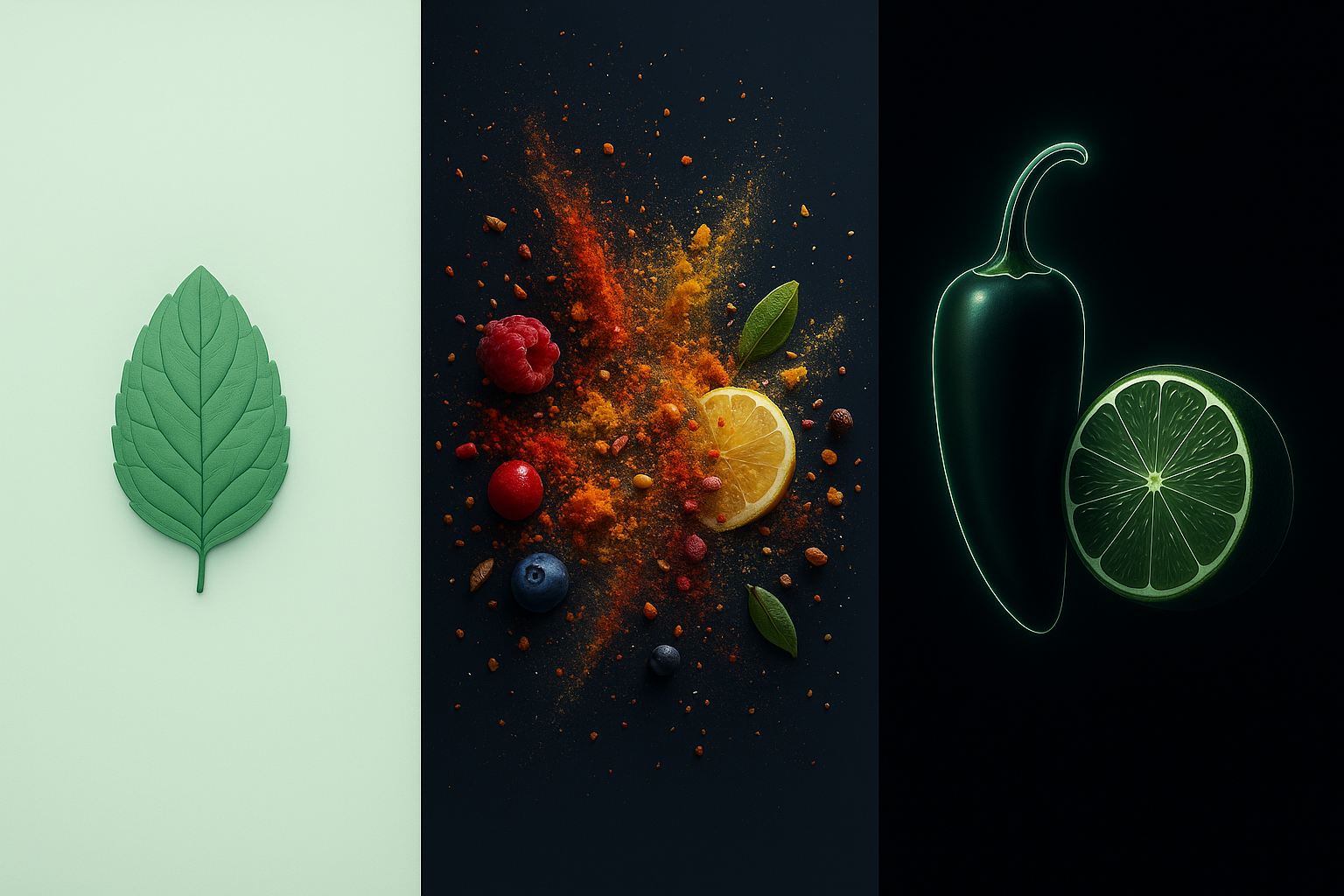 An artistic triptych showing the evolution of snus flavours from simple mint to complex exotic snus combinations, including unique options like jalapeno lime snus.