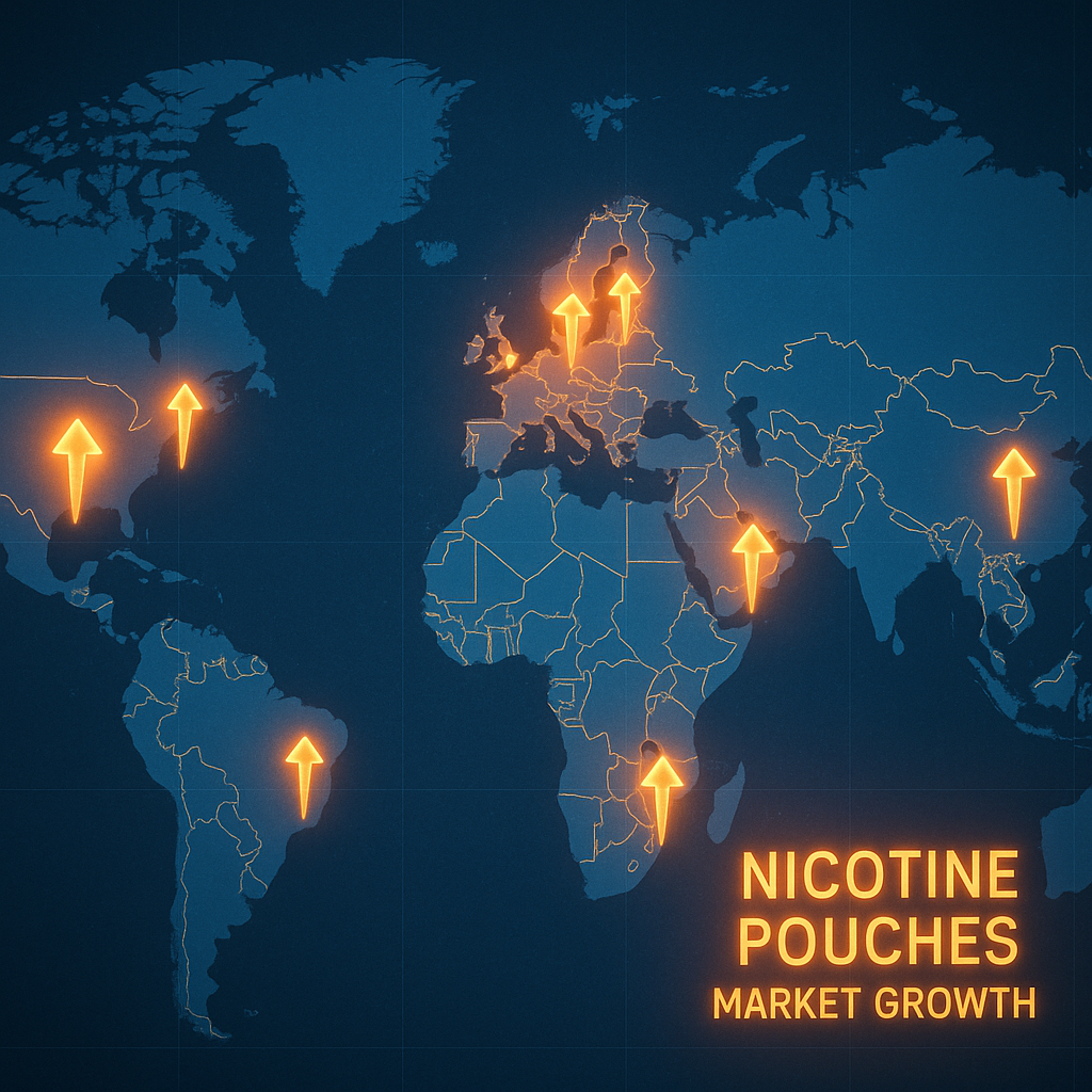 A map showing key growth markets for nicotine pouches in Europe, North America, and the Middle East.