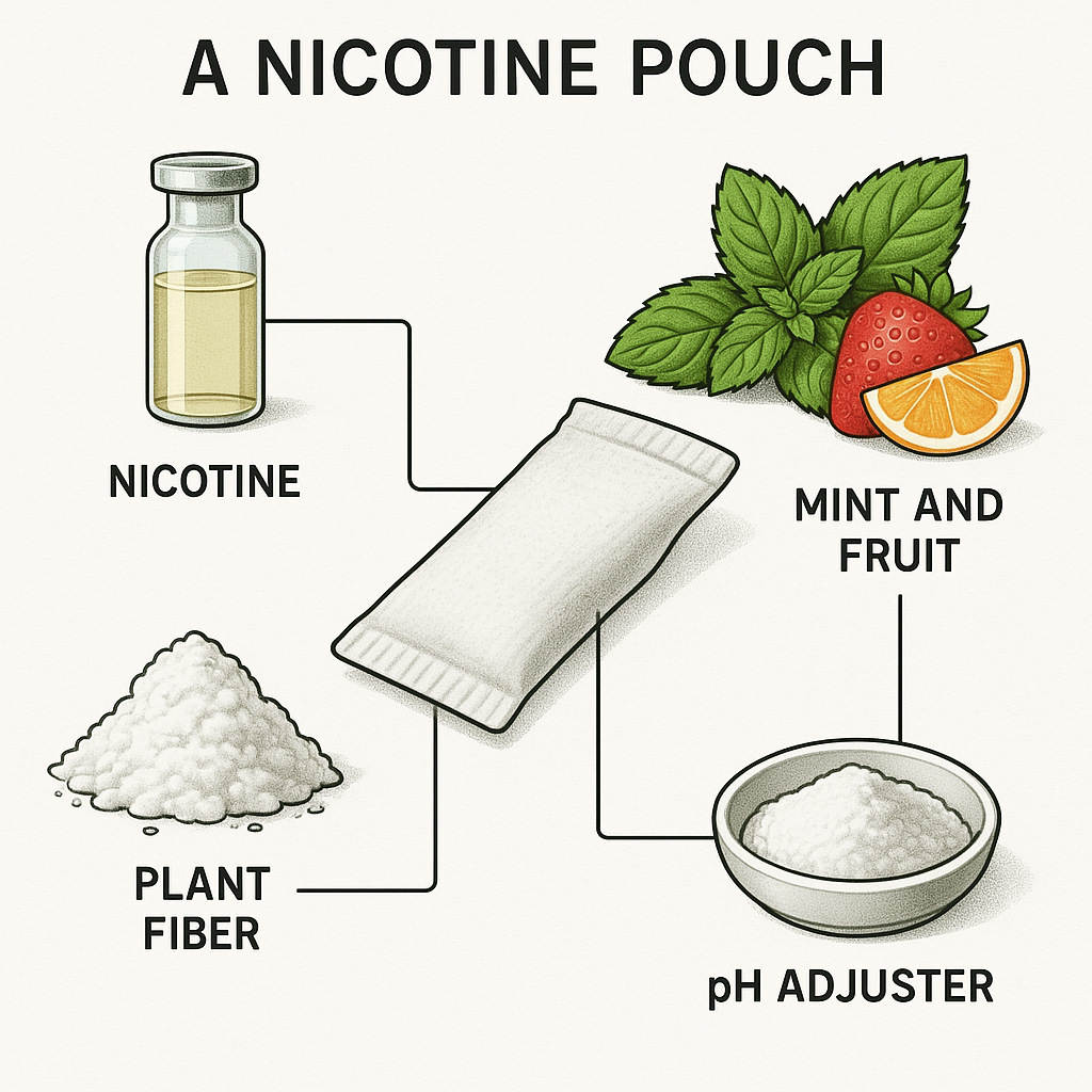 An infographic showing the key ingredients of a tobacco-free nicotine pouch.