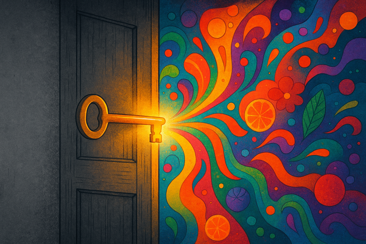 A glowing key unlocking a door to a vibrant world, representing the market potential of innovative snus flavours.