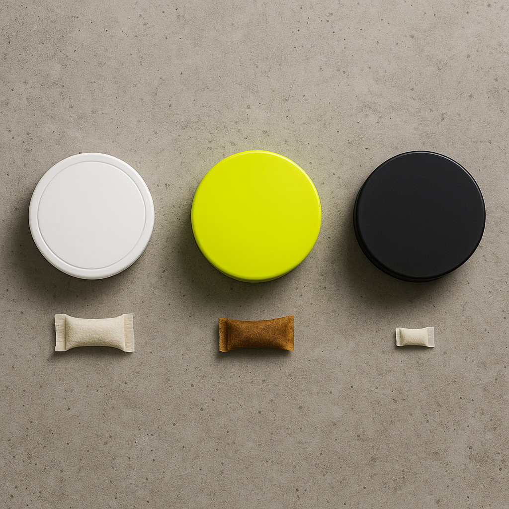 Three different nicotine pouch cans and pouches illustrating formats and materials for nicotine pouch classification analysis.