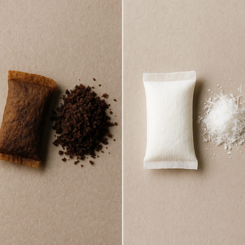 A visual comparison of a tobacco-based snus portion and a tobacco-free nicotine pouch.