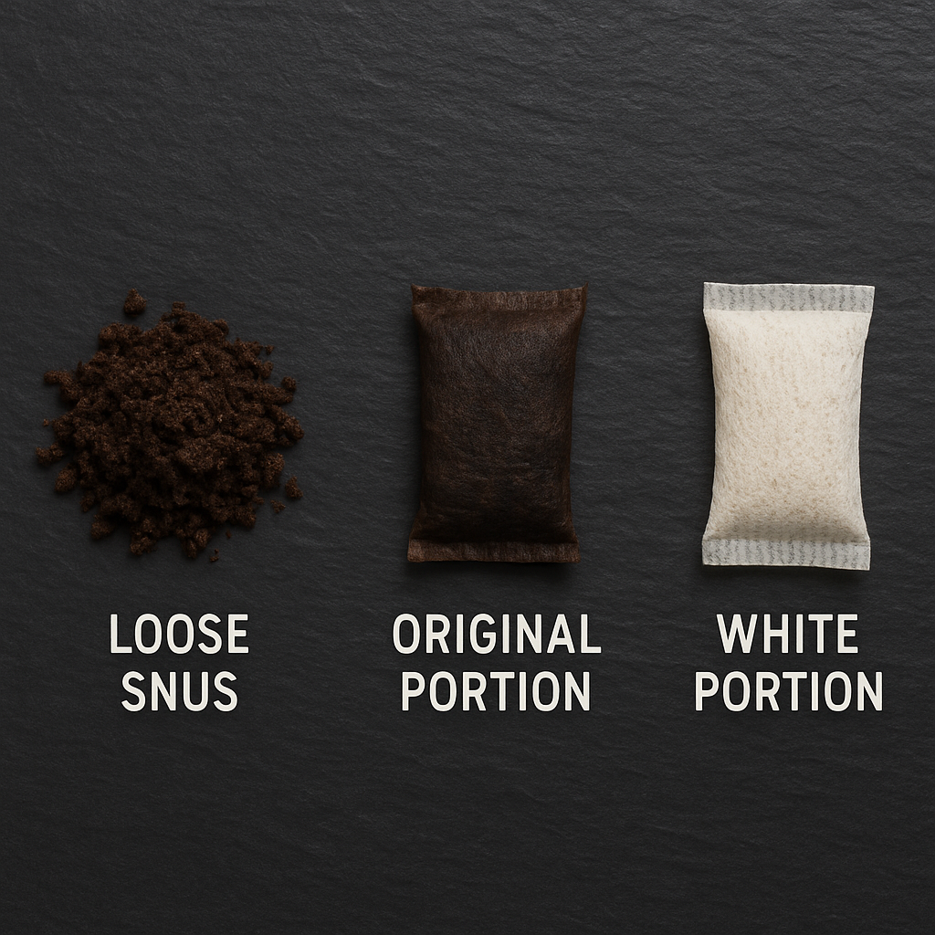 A visual comparison of loose snus, original portion snus, and white portion snus, demonstrating various forms of what is snus.