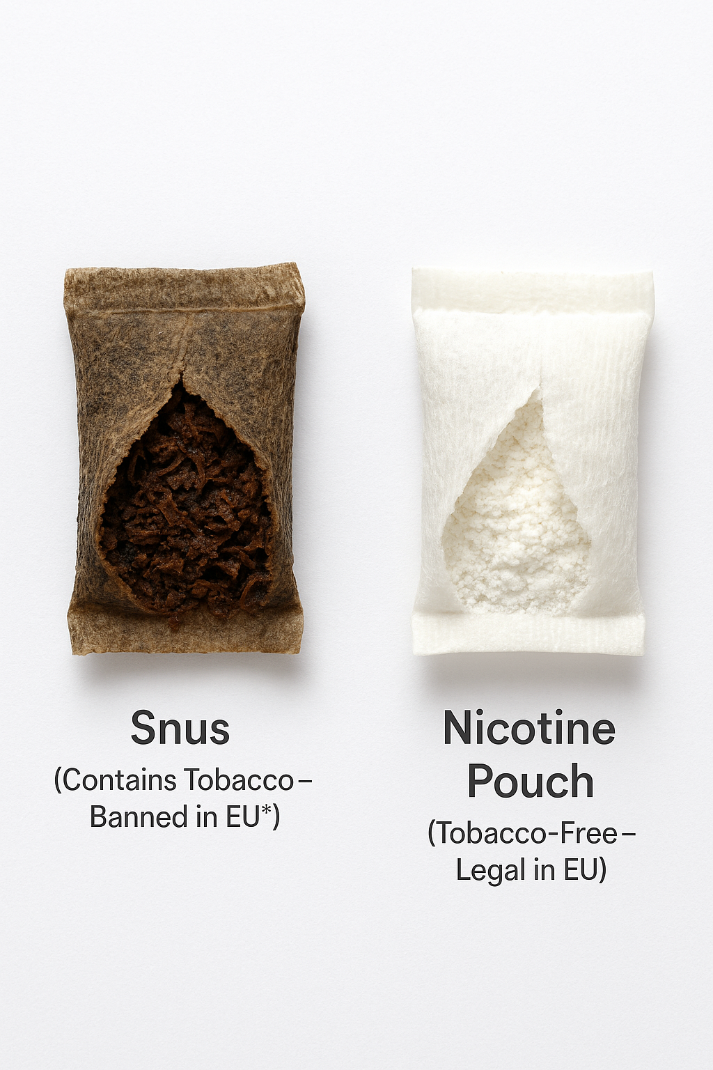 A visual comparison explaining the difference between a tobacco-based snus portion and a tobacco-free nicotine pouch.