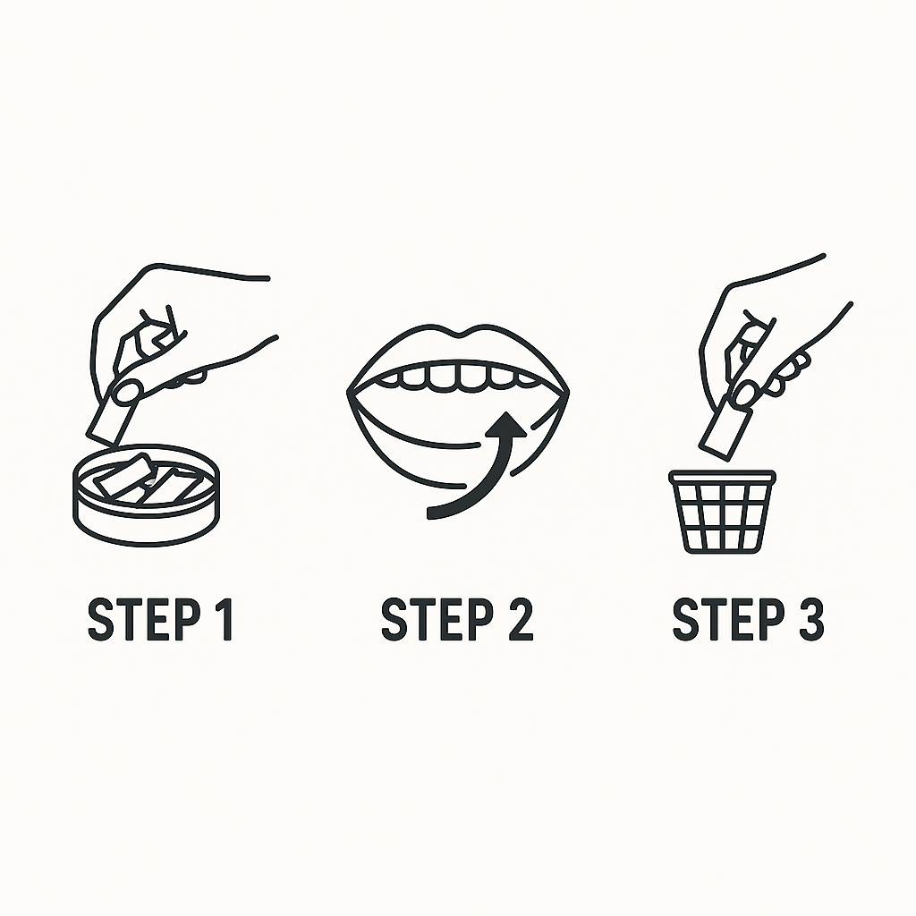 A step-by-step guide on how to use an oral tobacco pouch.