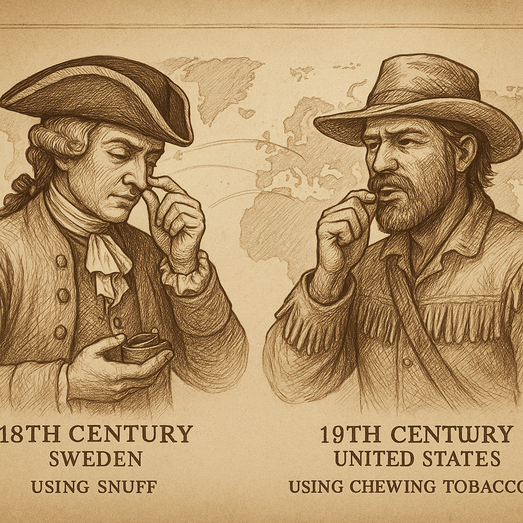 A historical illustration showing the origins of oral tobacco in Sweden and North America.